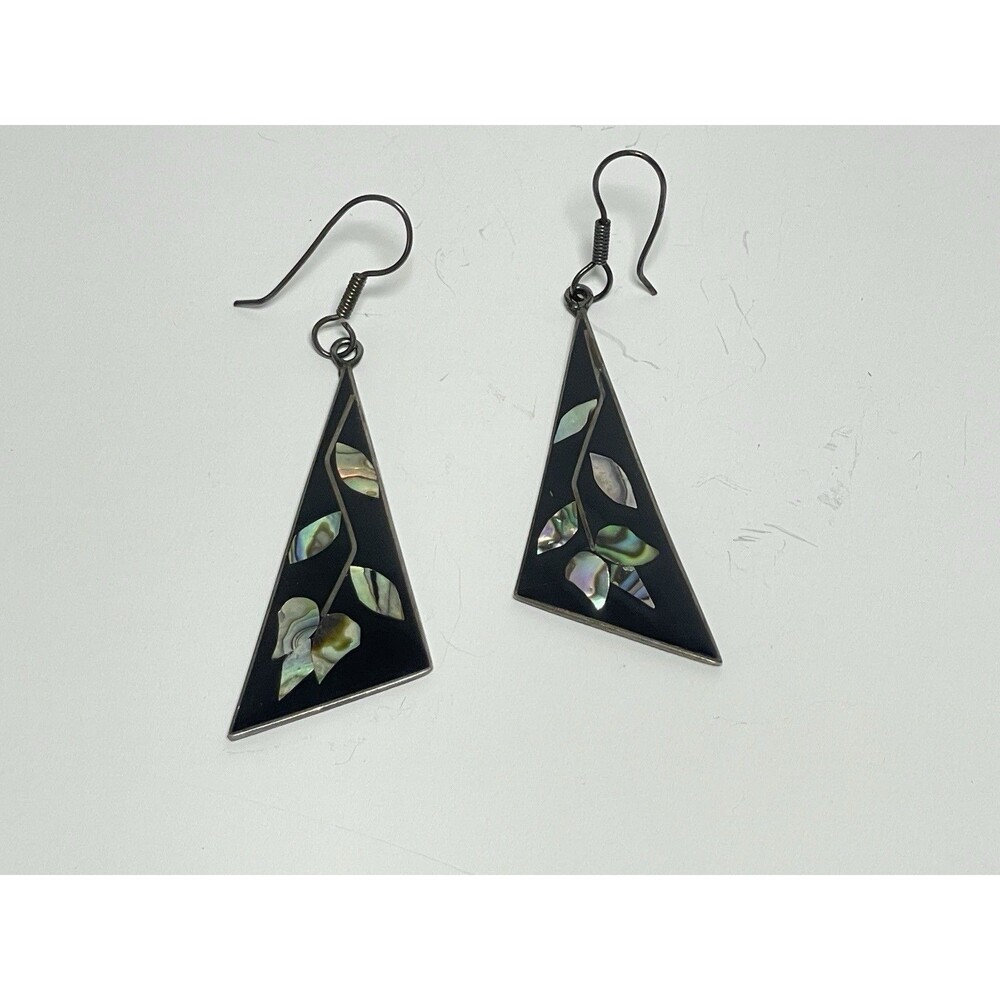 Vintage Mexico 925 Sterling Silver Abalone Inlay Triangle Dangle Earrings